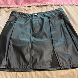 Faux Leather Black Mini Skirt with Front Slit